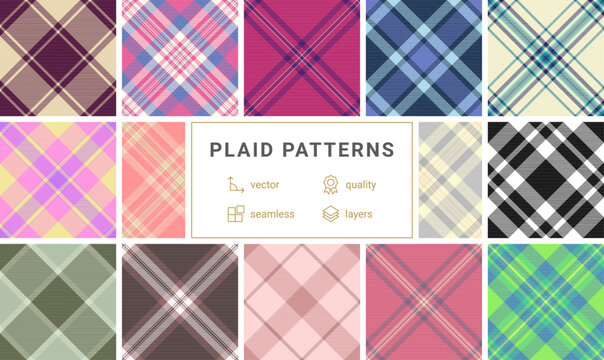 Bold plaid collection optimized for merchandise graphics. The pack supports apparel, accessories, and promotional items. Vector artwork handles large formats.
