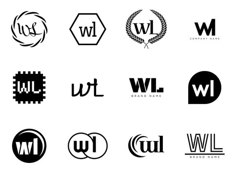 WL logo company template. Letter w and l logotype. Set different classic serif lettering and modern bold text with design elements. Initial font typography.