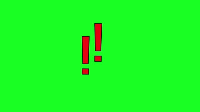 Animated red double exclamation marks on green screen. Perfect for alerts, warnings, or emphasizing important information in videos
