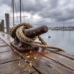 Obraz premium Old rusty mooring bollard on a wooden pier. Nautical rope tied to a dock at a marina.