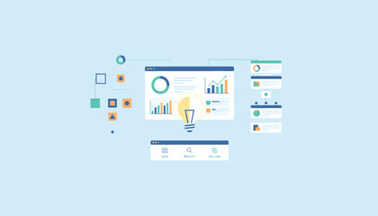 Fototapeta premium Business idea and analytics dashboard concept with lightbulb and flowchart nodes.