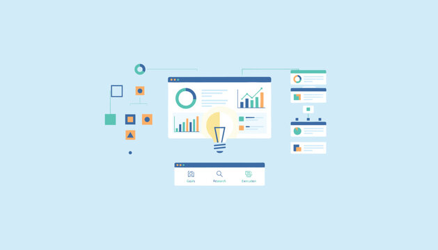 Business idea and analytics dashboard concept with lightbulb and flowchart nodes.