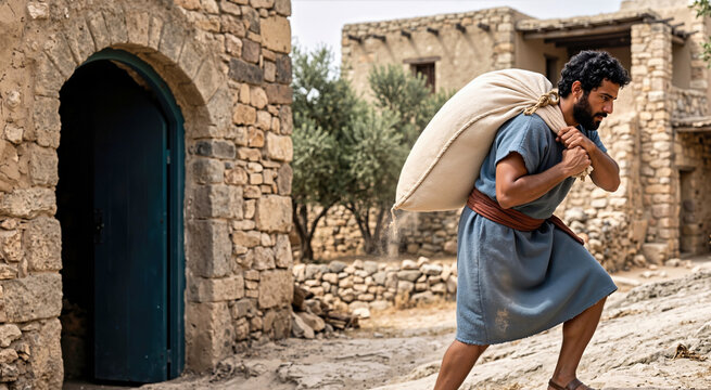Biblical farmer in ancient blue tunic carrying a heavy woven sack of grain on his shoulder. Judean laborer walking up a sloped stone road in an old village with stone buildings and olive trees