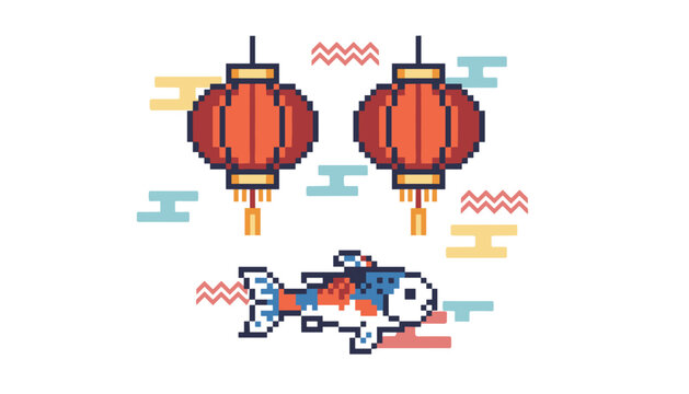 Festive red lanterns hanging above a swimming koi fish in a digital pixel art design.