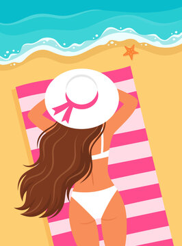 A top-view vector illustration of a woman sunbathing on a striped beach towel by the sea