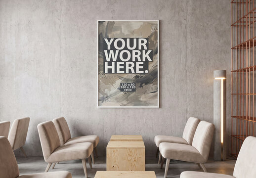 Vertical poster frame Mockup on a concrete wall in cafe with beige interior and copper accents