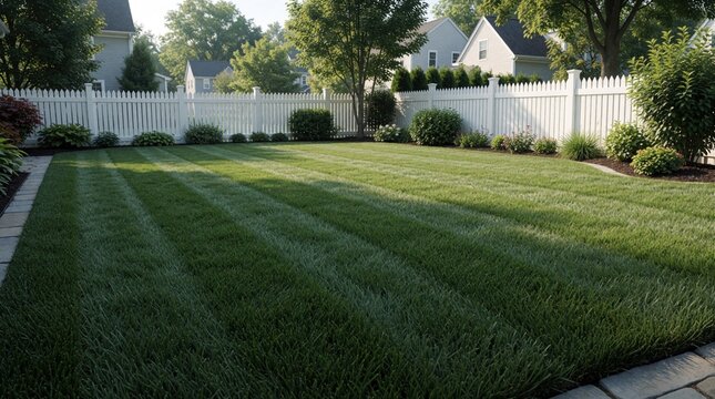 Wide view of private backyard with perfectly manicured lawn, freshly cut green grass. Neatly trimmed turf features crisp lines near white wooden fence in residential garden area. Calm suburban house