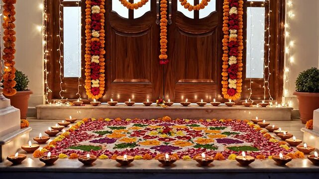 Stunning Home Entrance Decor Inspired By Bandi Chhor Divas Featuring Vibrant Flowers, Diyas, And Warm Lights Creating A Festive Atmosphere