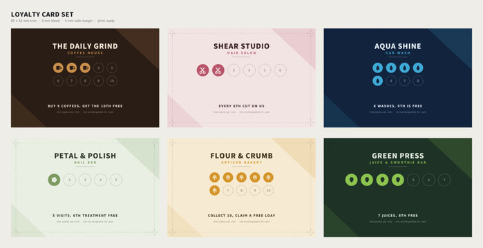 Loyalty Card Set with Stamp Collection Layouts for Coffee Salon and Small Business Print Ready