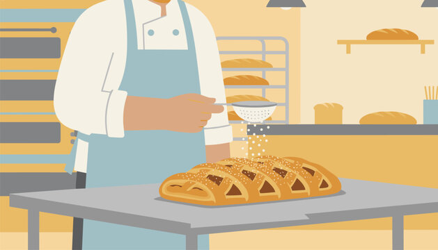 Close up of a baker using a sifter to dust powdered sugar over a braided fruit pastry in a bakery.