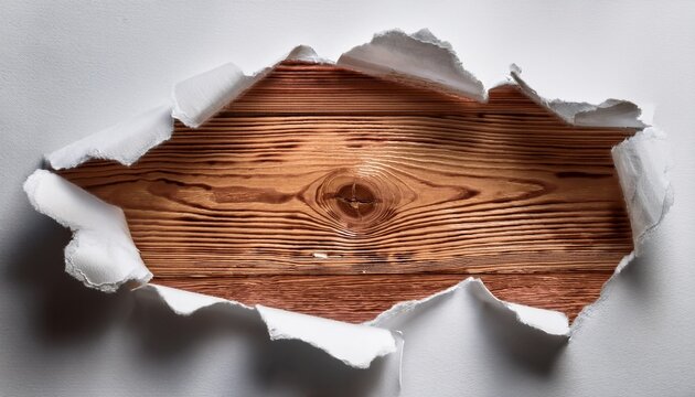 a hole ripped in the white paper revealing the wood grain beneath
