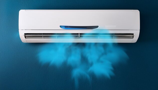 a white wall mounted air conditioner blows cool blue air into the room