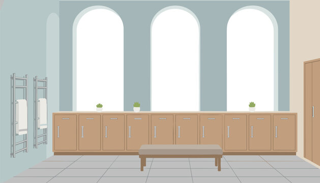 Locker room interior featuring wooden cabinets, a central bench, and arched windows.