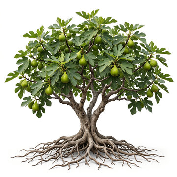 Panache Tiger Fig tree, mature full tree bearing green figs with bright yellow stripes, exposed visible roots, 11 ratio, isolated on seamless pure white background