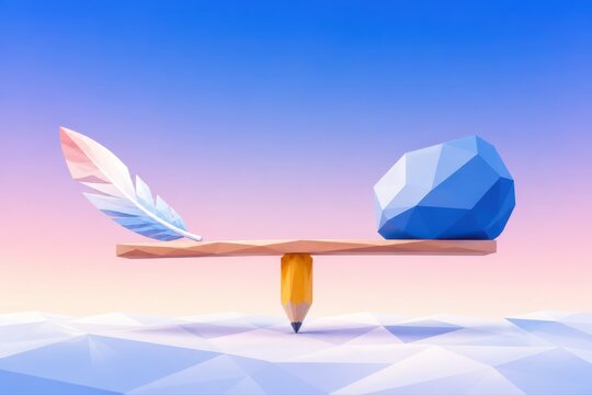 Low poly balance scale with feather and stone on pencil fulcrum