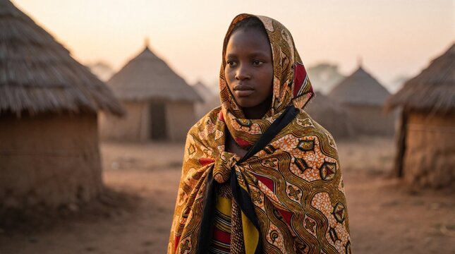 African teenage girl in colorful chitenje wrap stands in village at dawn. Traditional huts, morning light create authentic scene of rural youth life. Girl looks forward with calm, hopeful expression.