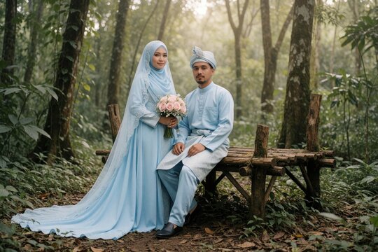 Newlywed couple in baby blue traditional Malay attire poses in rich forest. Bride holds pink roses bouquet. Groom sits on wooden bench. Look at camera, smiling gently. Wedding day beautiful, romantic