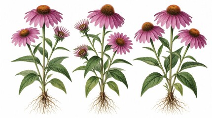 Obraz premium Three purple echinacea flowers with green stems, visible roots on white background. Botanical illustration of wild medicinal plants for health design. Floral artwork shows blooming summer bloom