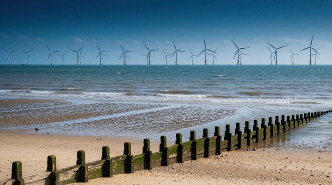 Offshore wind farm turbines dot the sea horizon near a sandy UK beach. Wooden groynes line the shore, with gentle waves lapping the sand under a clear blue sky. Clean energy generation at the coast.