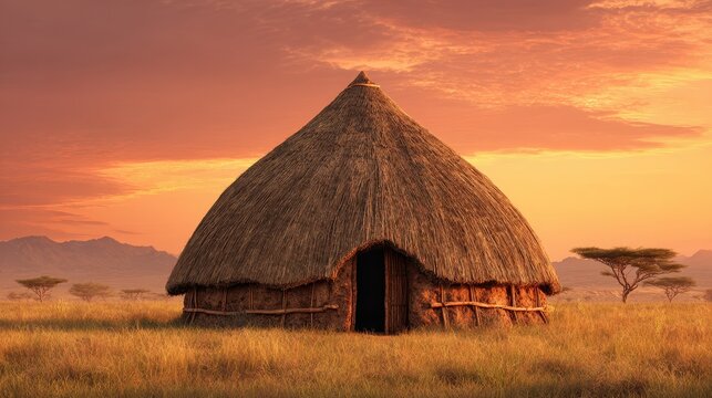 Traditional thatched roof hut in savanna grassland with acacia trees at sunset. AI generated image