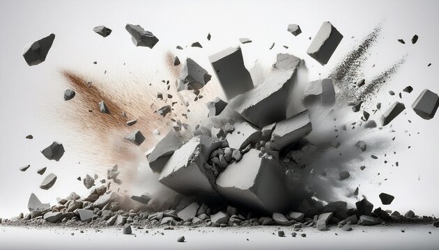 a close up image of a concrete explosion against a white background showing the debris scattering in mid air