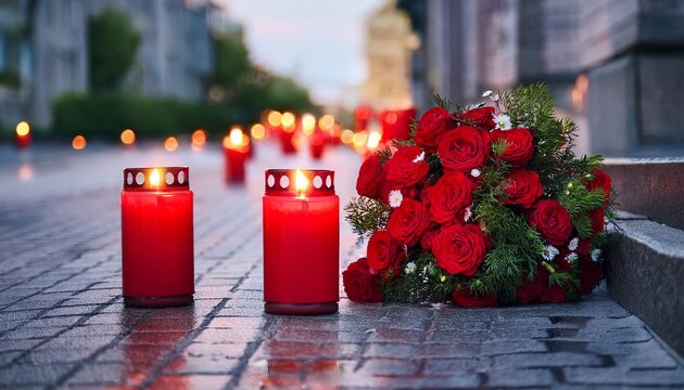 red candles on the sidewalk next to a bouquet of flowers in memory of victims of a tragic accident