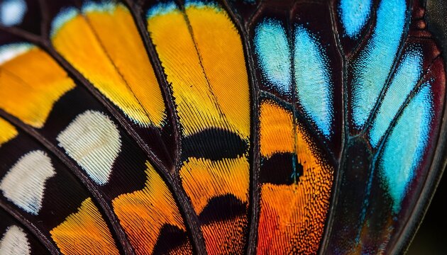 a close up macro photo of a butterfly wing showing the intricate patterns and bright colors
