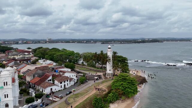 Galle, Sri Lanka, November 3, 2025: Aerial drone view of Galle city featuring the historic Galle Fort, lighthouse, coastline, and turquoise waters of the Indian Ocean.