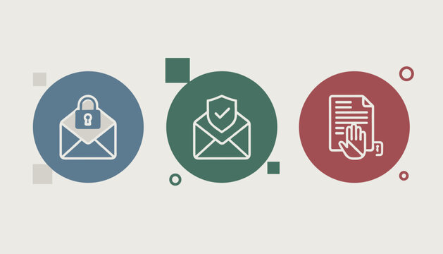 Security icons featuring encrypted email messages and official verified documents for protection.
