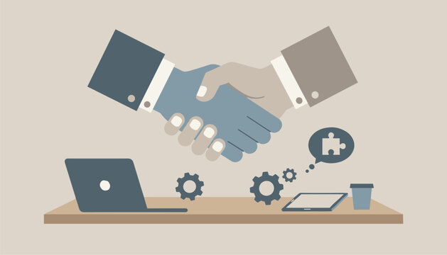 Business handshake representing partnership and problem solving over a desk with laptop and gears.