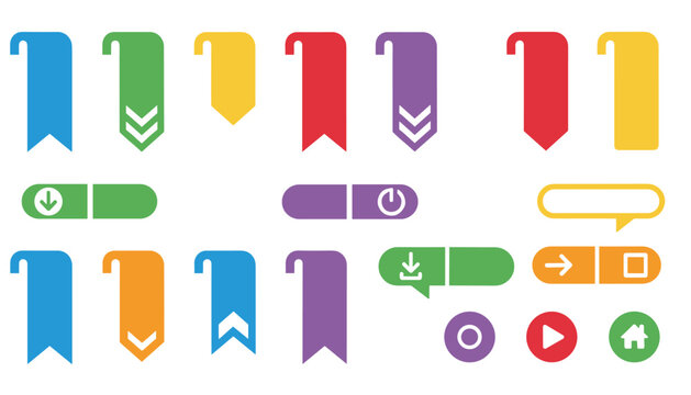 Set of colorful ribbon bookmarks and UI interface buttons with download play and home icons.