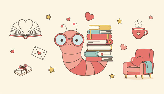 Cute pink bookworm wearing glasses sitting beside a stack of colorful books and cozy armchair.