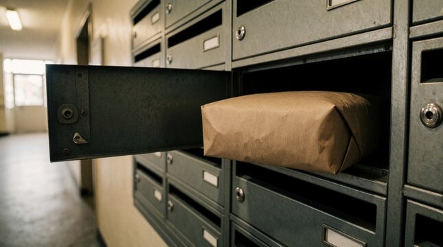 Brown paper parcel sits inside open metal mailbox unit within apartment building hallway. Delivery package waits in postal box for resident. Shipping box rests in grey locker row. Courier service