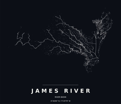 James River Basin Watershed Map Line Art Dark Poster