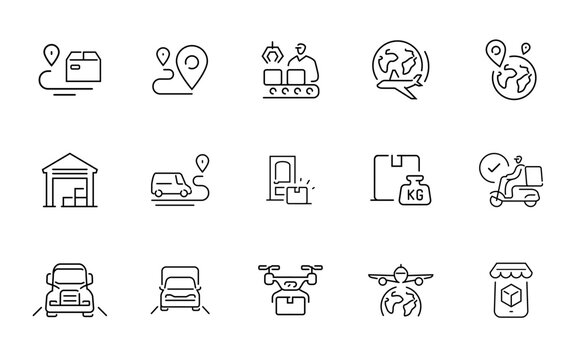 Logistics and delivery icons showing global shipping and transportation methods