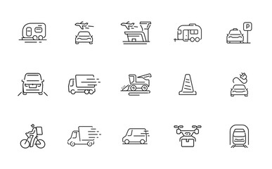 Fototapeta premium Collection of modern transportation and vehicle icons in a clean line art style