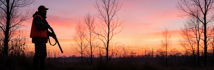 Fototapeta premium Silhouette of man hunter holding shotgun stands in field at sunrise. Person wears camouflage clothes with orange vest outdoors in forest. Male activity during morning light wait for wild bird prey.