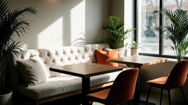 Sunlit cafe interior with tufted sofa, wooden tables, and plants. Cozy seating area near large window. Modern comfortable ambiance for relaxation and conversation.