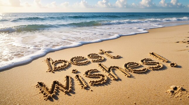 Best wishes written in golden sand on tropical beach. Soft ocean waves wash shore near handwritten message. Summer holiday vacation scene with calm sea water. Blue sky reflects on wet sand at