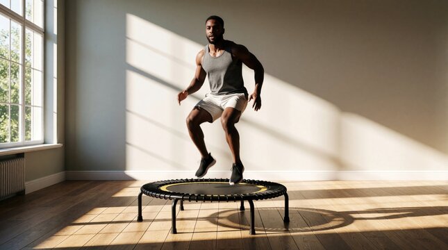 Fit man jumps on small trampoline in bright modern room. Athletic guy performs cardio workout training at home. Young male athlete exercises for body health, strength. Person fitness movement in