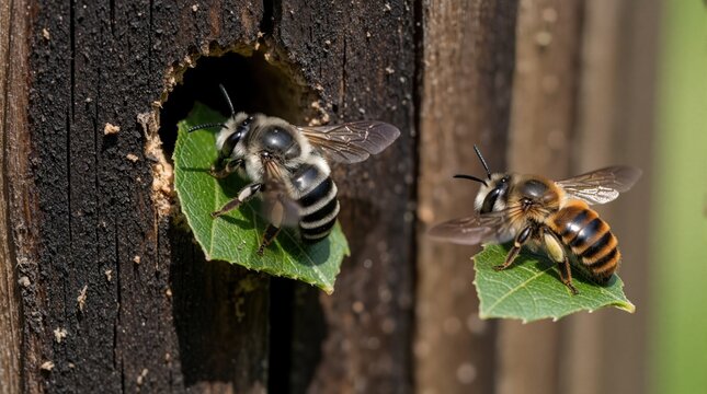 Leafcutter bees fly to hole in wooden post carrying green leaf pieces to build nests. Insects transport foliage fragments for construction work in garden habitat during summer daylight. Macro view