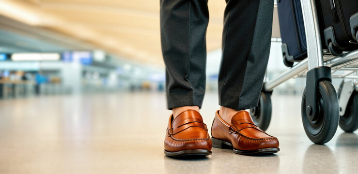 Low angle of a traveler wearing chestnut leather loafers and charcoal trousers standing by a baggage cart. Man with luggage in airport terminal