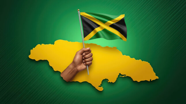 Creative Jamaica Independence Day illustration with vibrant Jamaican flag held above a golden island map on deep green background, celebrating freedom, patriotism, heritage and national unity