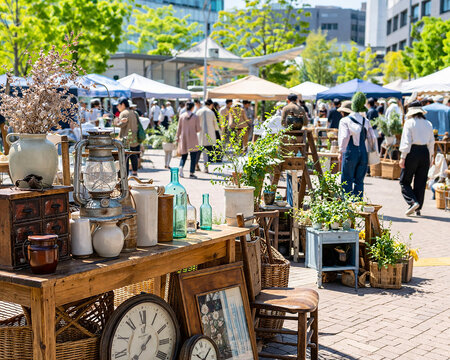 Sunny outdoor flea market with vintage goods and green plants