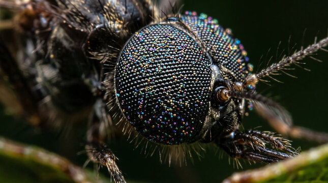 Extreme macro photograph of a mosquito compound eye showing detailed iridescent ommatidia structure