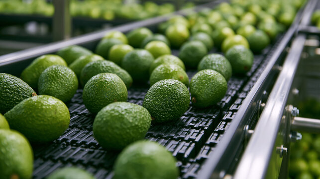 Fresh green avocados move along an industrial processing conveyor belt in a packing house. This scene represents food production and global supply chain logistics.