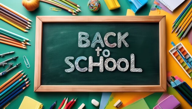 back to school chalkboard with colorful pencils and classroom supplies arranged overhead