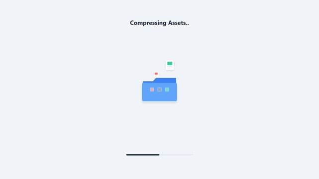 Compressing assets animation with blue folder and files on white background