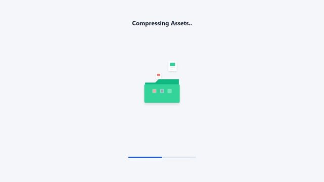 Compressing Assets animation showing a folder with files and progress bar.