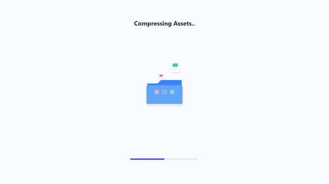 Compressing assets animation showing files moving into a blue folder.